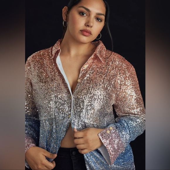 Anthropologie Ombré Sequin Button Down Shirt - Picture 3 of 11